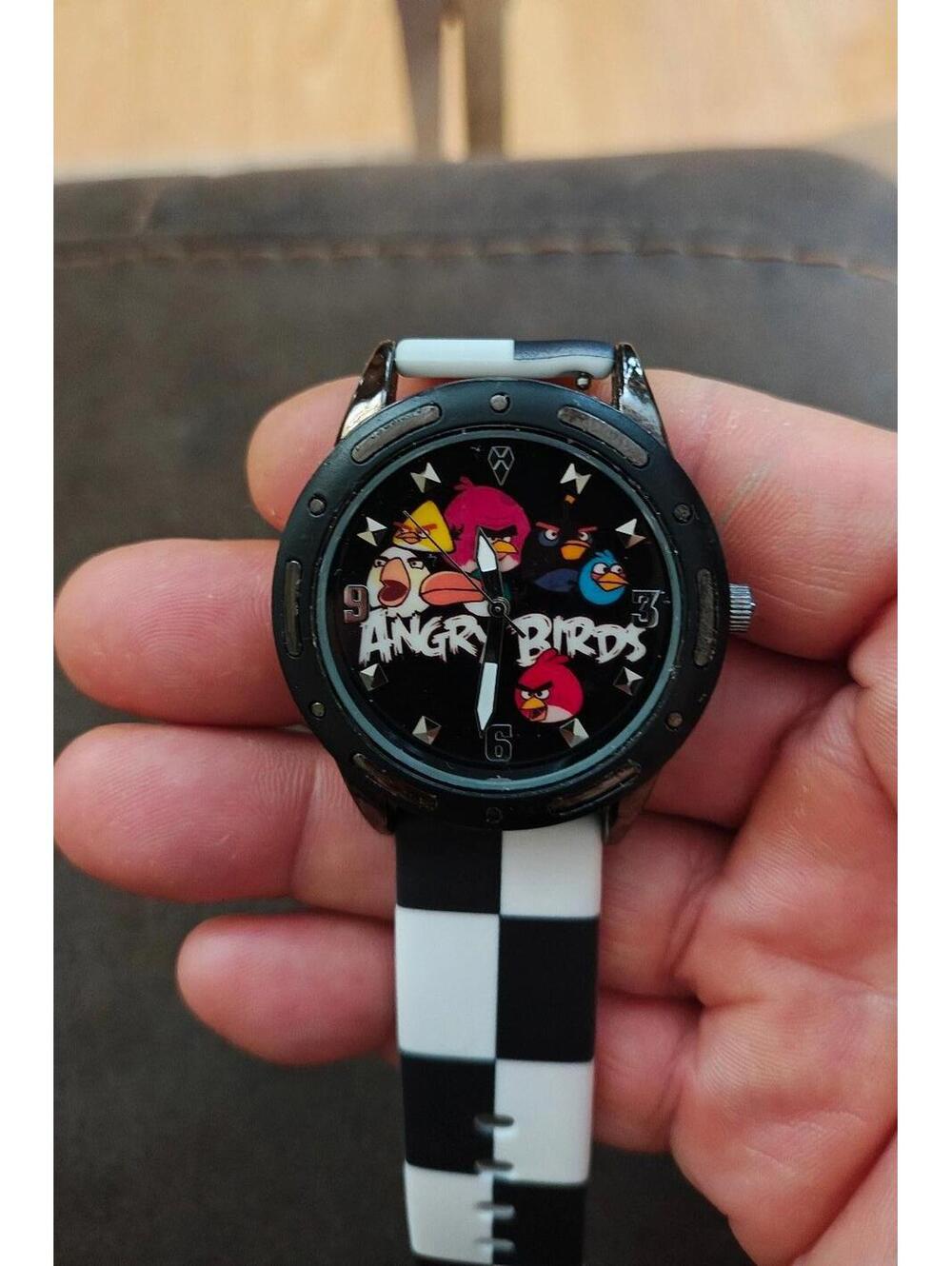 Cool Angry Birds Silver Tone With Black & White Checkered Silicone Band Watch.